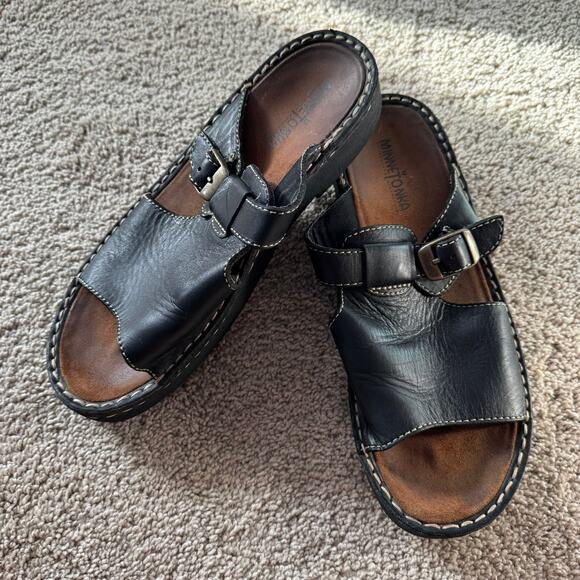 Minnetonka Black Leather Platform Slides Slip On Sandals Women's Size 9 Open Toe - Picture 1 of 11
